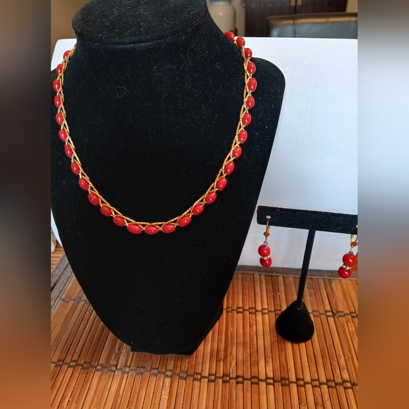 Vintage Monet Red Coral and Gold Braid Necklace And Earrings - Picture 1 of 6